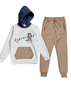 Σετ φόρμα φούτερ λευκό-μπεζ με κουκούλα